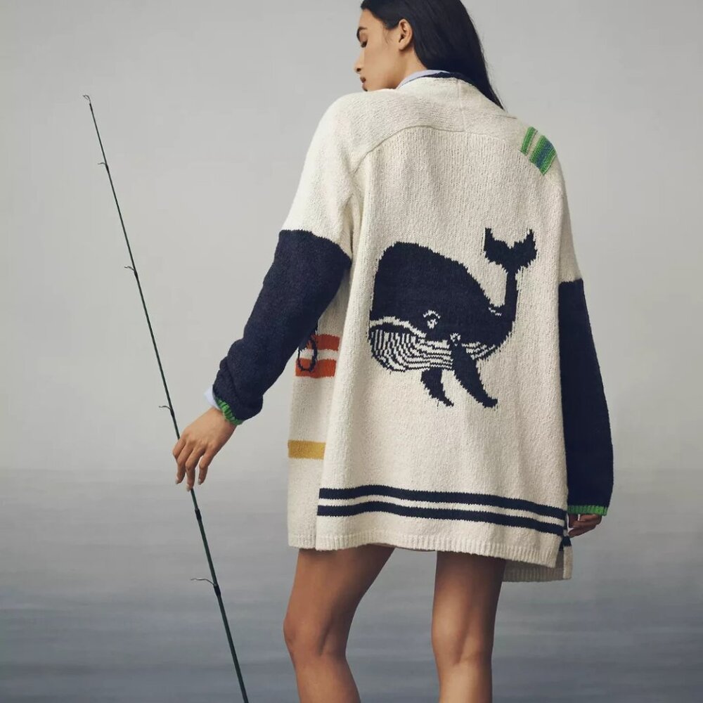 Anthropologie Maeve Nautical Buoy Cardigan Sweater Whale Seahorse L XL Petite